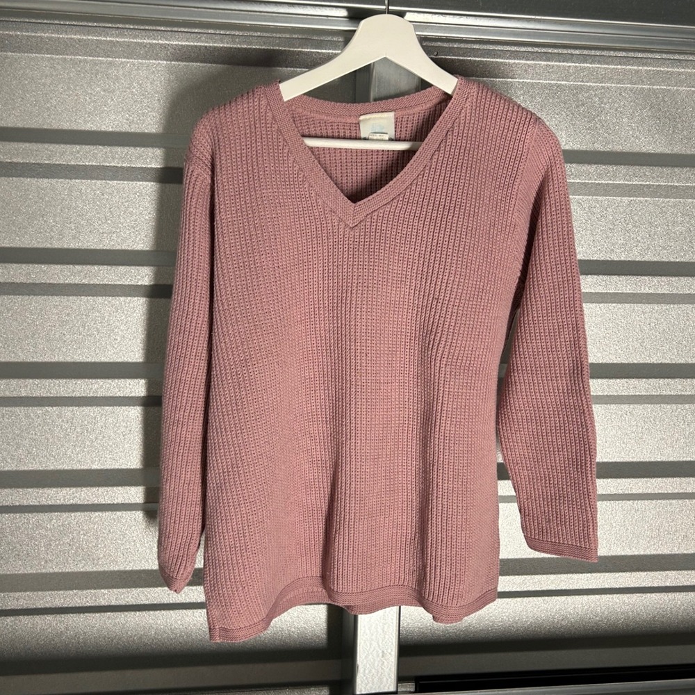 VINTAGE Bobbie Brooks Sweater Womens Medium Pink Shaker Knit V-Neck Cottagecore